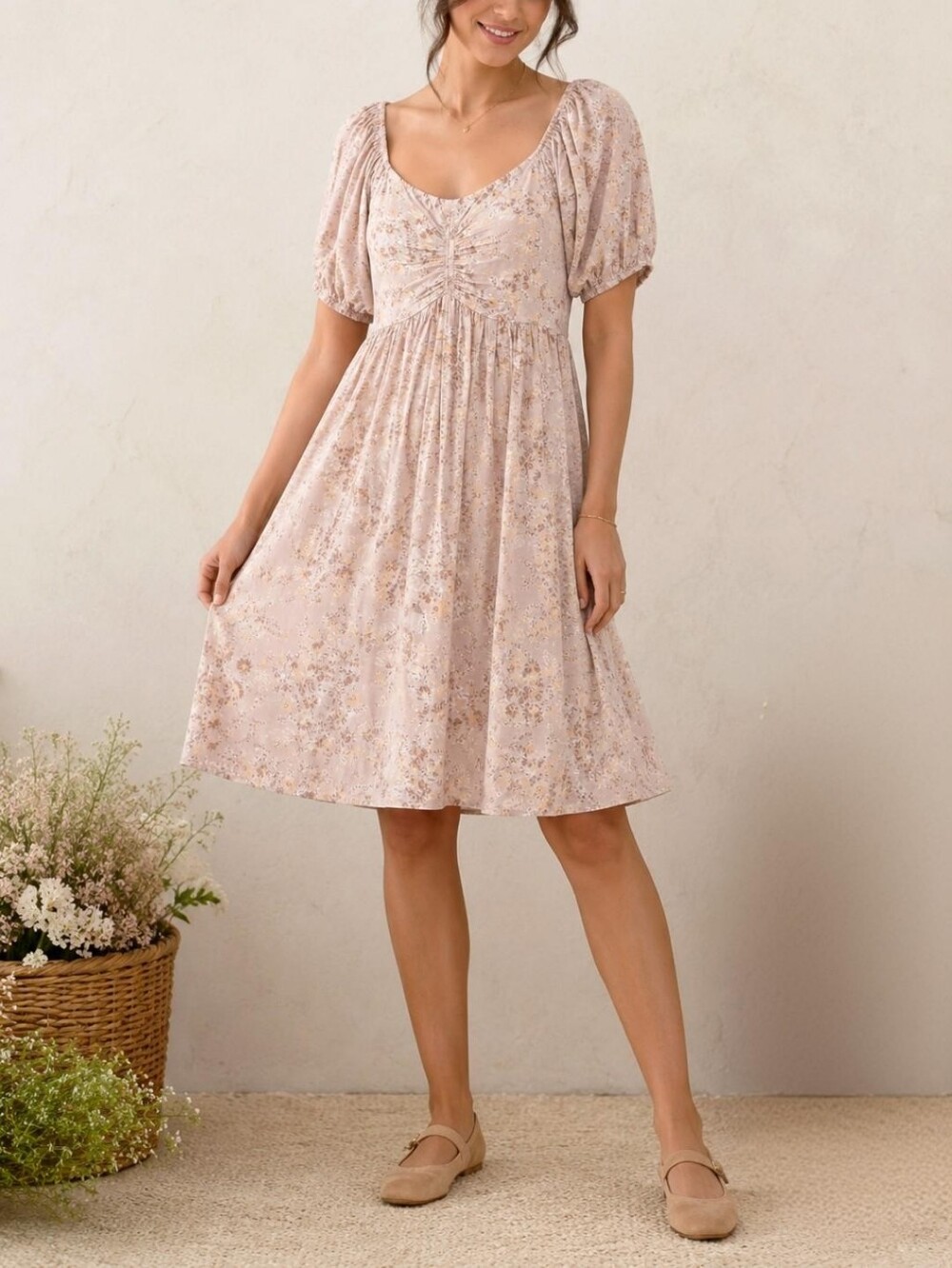 CARLY JEAN Cottagecore Floral Ruched Puff Sleeve Midi Dress with Pockets, M / L